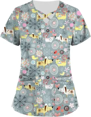 Scrub Tops Women Criss Cross V Neck Print Nurse Uniforms Short Sleeve Dressy Working T-Shirts Relaxed Fit T Shirts