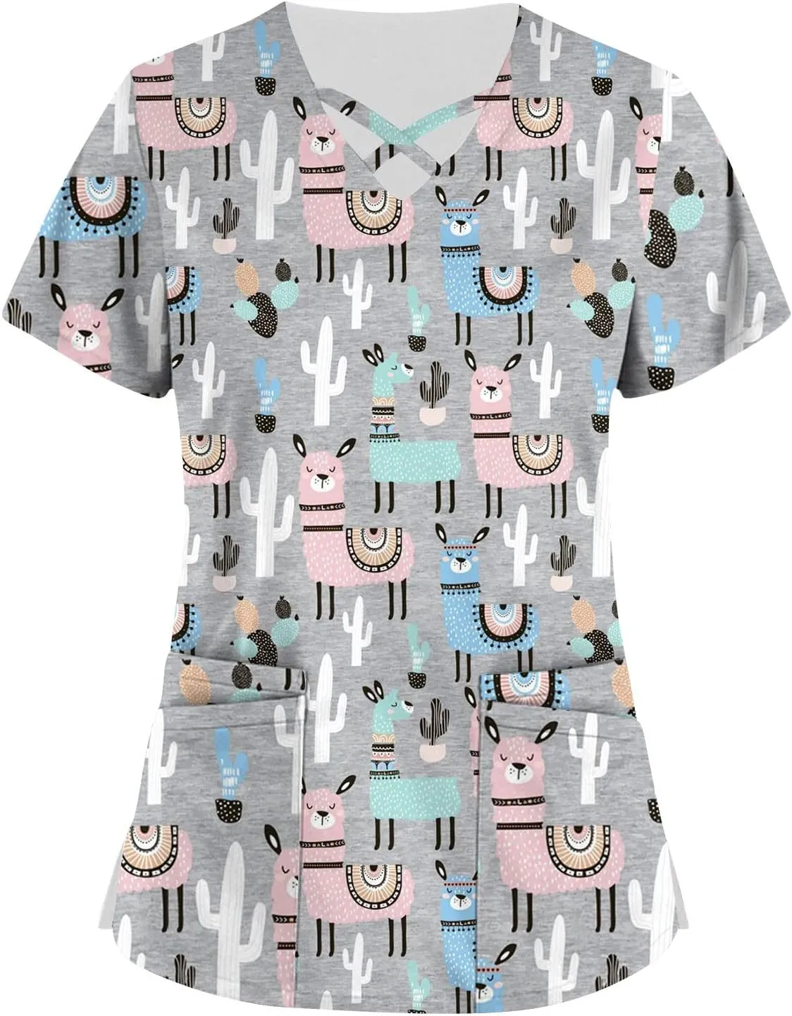 Scrub Tops Women Criss Cross V Neck Print Nurse Uniforms Short Sleeve Dressy Working T-Shirts Relaxed Fit T Shirts