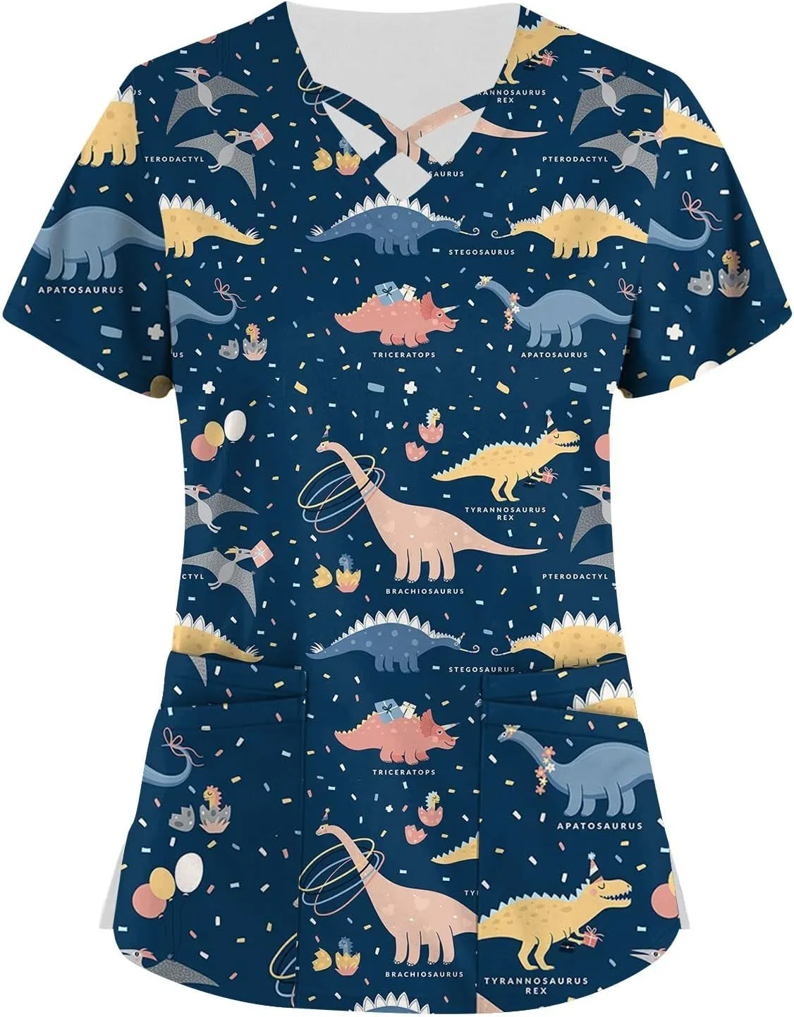 Scrub Tops Women Criss Cross V Neck Print Nurse Uniforms Short Sleeve Dressy Working T-Shirts Relaxed Fit T Shirts
