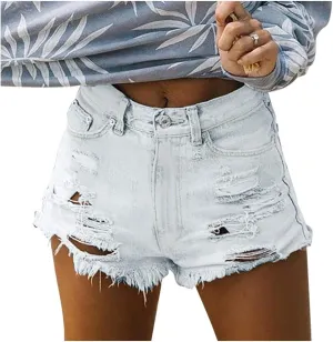 Sexy Denim Shorts for Women Cute High Waist Stretchable Boyfriend Jean Shorts Plain Color Frayed Hem Hot Short Pants