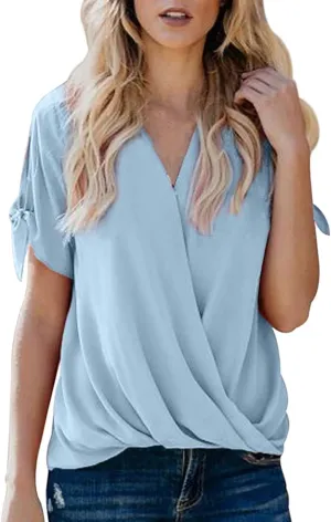 SHAOBGE Womens Tank Tops Summer Wrap V Neck Sleeveless/Short Sleeve Blouse Trendy Pleated Tanks Vest Elegant Tunic Tee Shirt