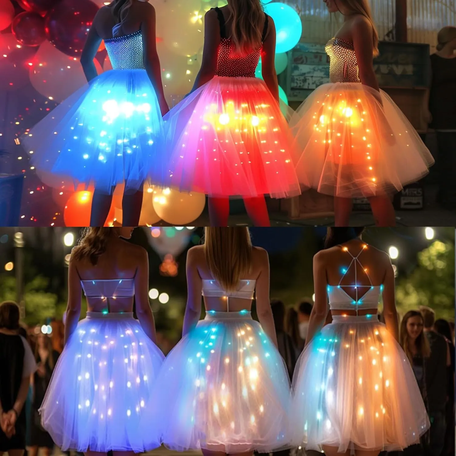 SHINYOU Women Tutu Skirt LED Light Up A Line Short Knee Length Tutu Tulle Skirt White