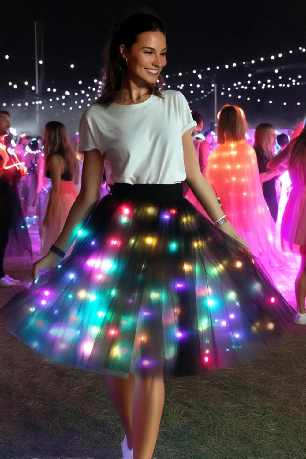 SHINYOU Women Tutu Skirt LED Light Up A Line Short Knee Length Tutu Tulle Skirt White