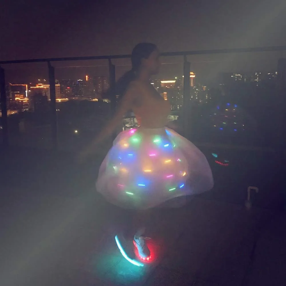 SHINYOU Women Tutu Skirt LED Light Up A Line Short Knee Length Tutu Tulle Skirt White