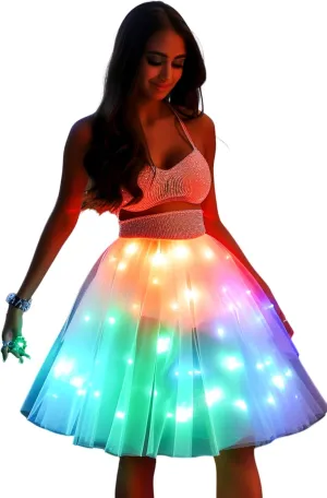 SHINYOU Women Tutu Skirt LED Light Up A Line Short Knee Length Tutu Tulle Skirt White