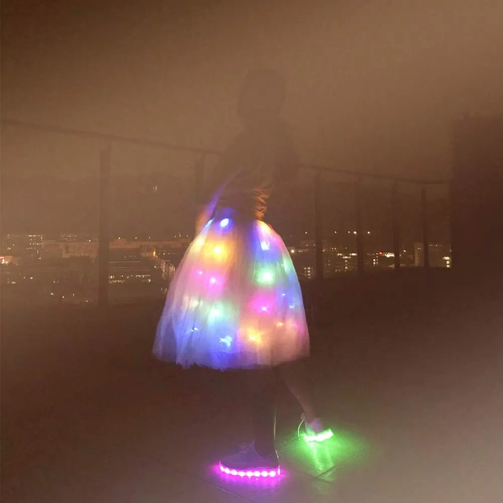 SHINYOU Women Tutu Skirt LED Light Up A Line Short Knee Length Tutu Tulle Skirt White