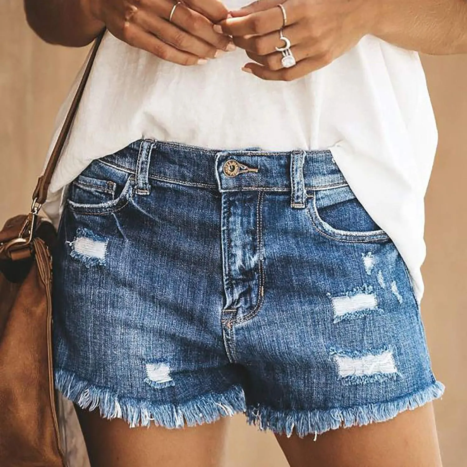 Shorts for Women Denim Casual High Waist Stretchy Boyfriend Shorts Jeans Solid Fray Hem Hot Short Pants