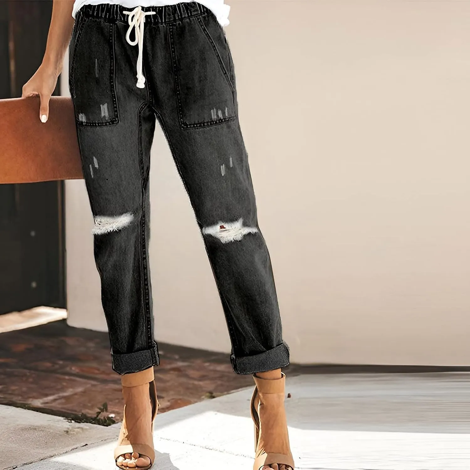 Slimming Jeans for Women Stretch Pull-On Straight Leg Denim Pants with Pockets Regular Curvy Fit Printed Denim Leggings