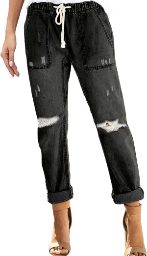 Slimming Jeans for Women Stretch Pull-On Straight Leg Denim Pants with Pockets Regular Curvy Fit Printed Denim Leggings