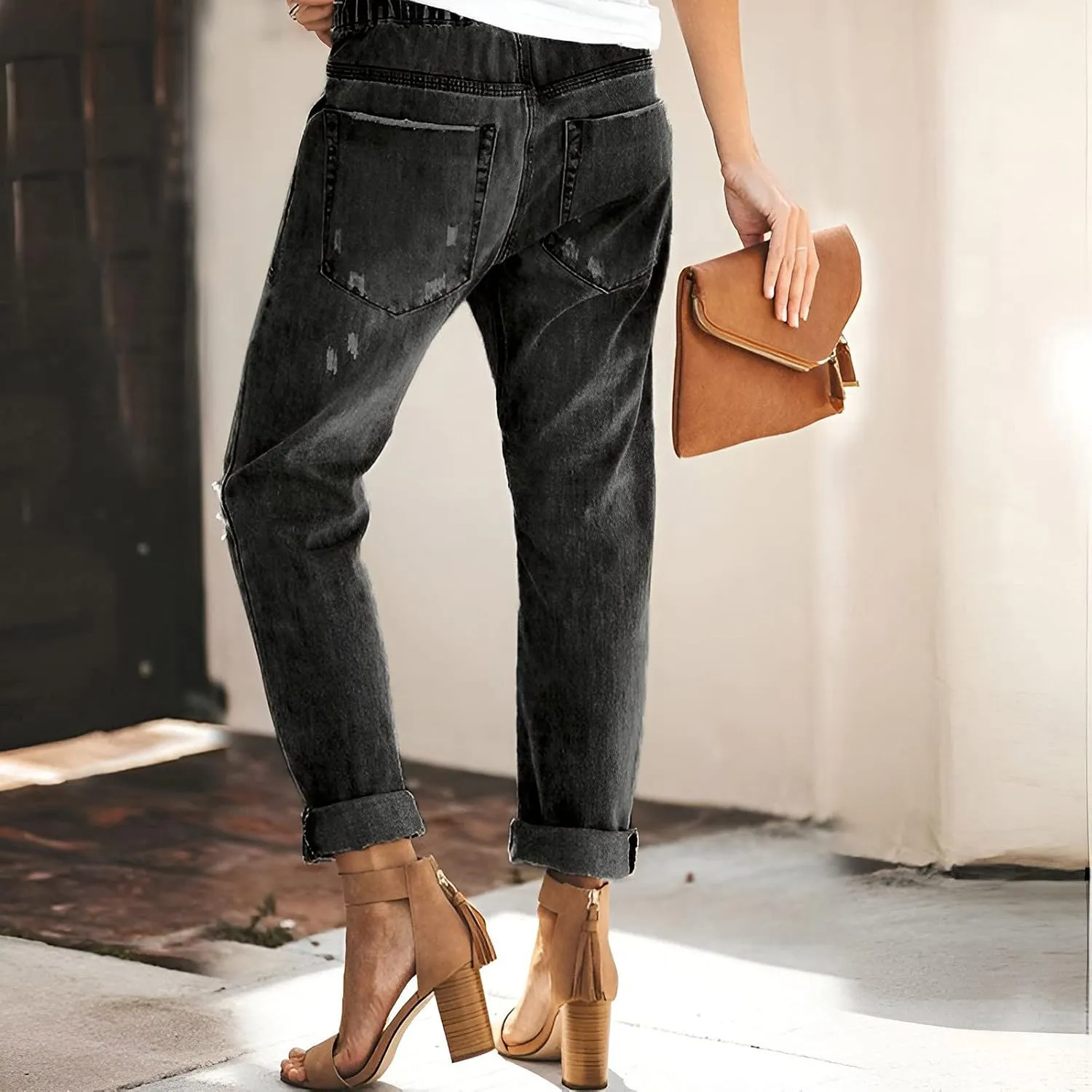 Slimming Jeans for Women Stretch Pull-On Straight Leg Denim Pants with Pockets Regular Curvy Fit Printed Denim Leggings