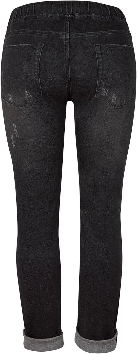 Slimming Jeans for Women Stretch Pull-On Straight Leg Denim Pants with Pockets Regular Curvy Fit Printed Denim Leggings