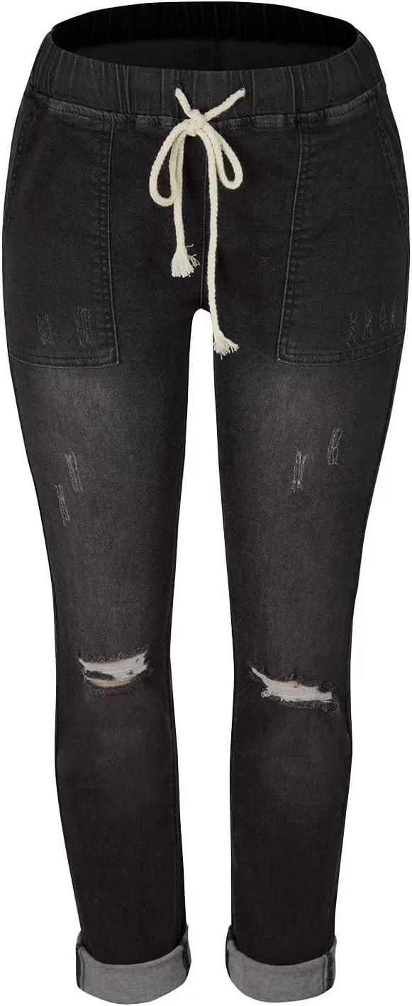 Slimming Jeans for Women Stretch Pull-On Straight Leg Denim Pants with Pockets Regular Curvy Fit Printed Denim Leggings
