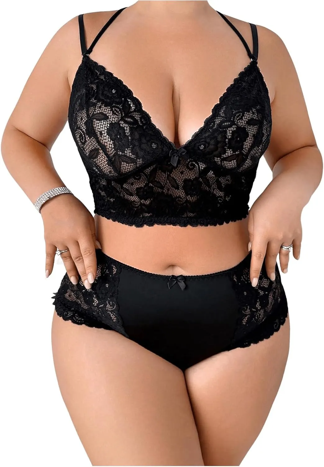 SOLY HUX Women's Plus Size Floral Lace Lingerie Set Wireless Bra and Panty Underwear Sets