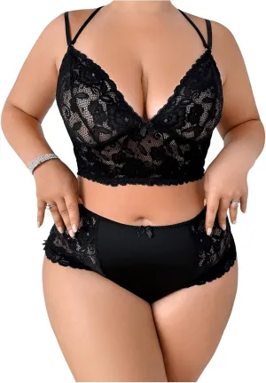 SOLY HUX Women's Plus Size Floral Lace Lingerie Set Wireless Bra and Panty Underwear Sets