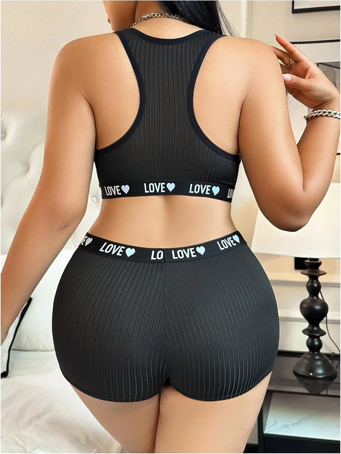 SOLY HUX Women's Plus Size Lingerie Sets Letter Graphic Sports Bra and Boyshorts Panty Underwear Sets
