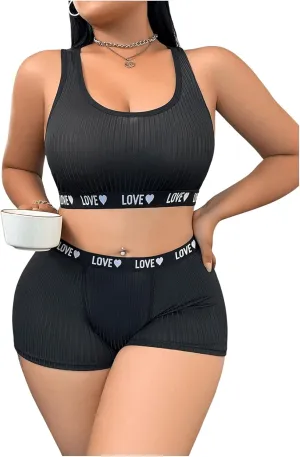 SOLY HUX Women's Plus Size Lingerie Sets Letter Graphic Sports Bra and Boyshorts Panty Underwear Sets
