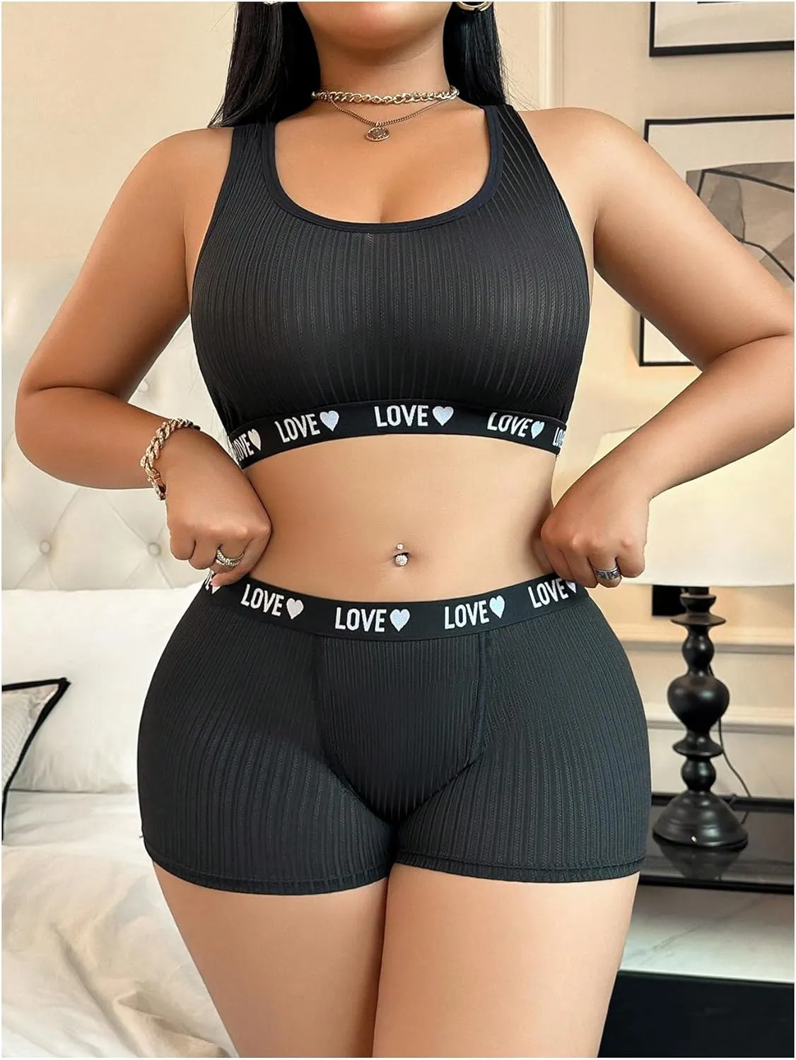 SOLY HUX Women's Plus Size Lingerie Sets Letter Graphic Sports Bra and Boyshorts Panty Underwear Sets