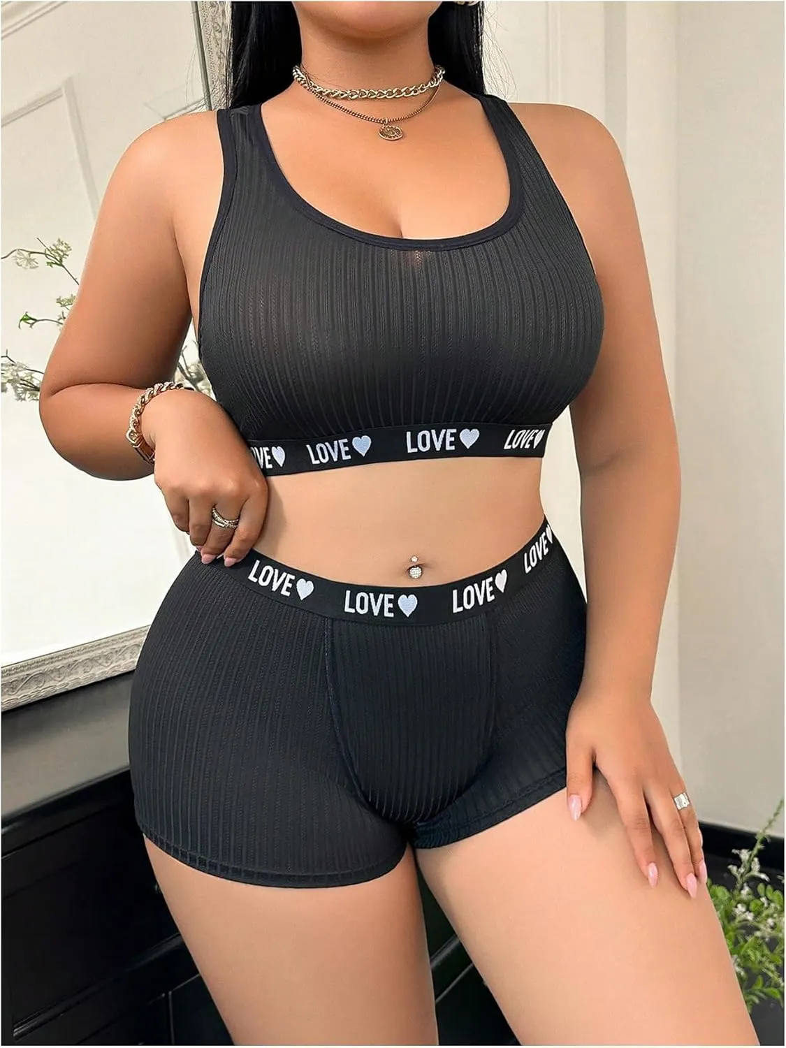 SOLY HUX Women's Plus Size Lingerie Sets Letter Graphic Sports Bra and Boyshorts Panty Underwear Sets