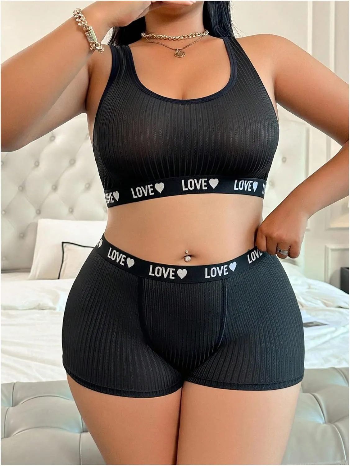 SOLY HUX Women's Plus Size Lingerie Sets Letter Graphic Sports Bra and Boyshorts Panty Underwear Sets