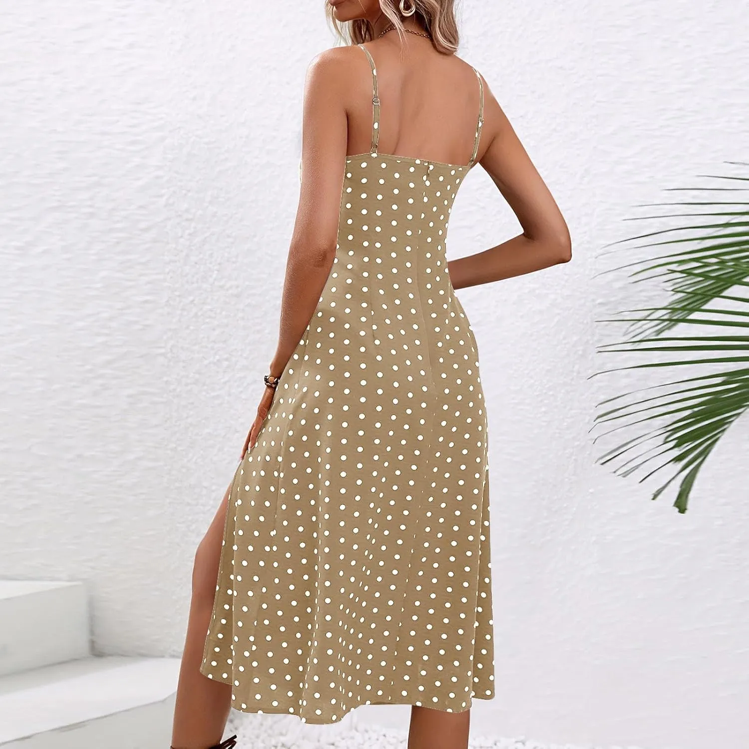 Spaghetti Strap Dresses for Women Polka Dot Midi Dress Sleeveless Slit Summer Sundress Beach Vacation Sexy Dress