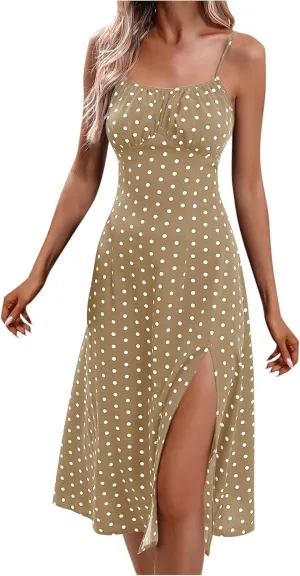 Spaghetti Strap Dresses for Women Polka Dot Midi Dress Sleeveless Slit Summer Sundress Beach Vacation Sexy Dress
