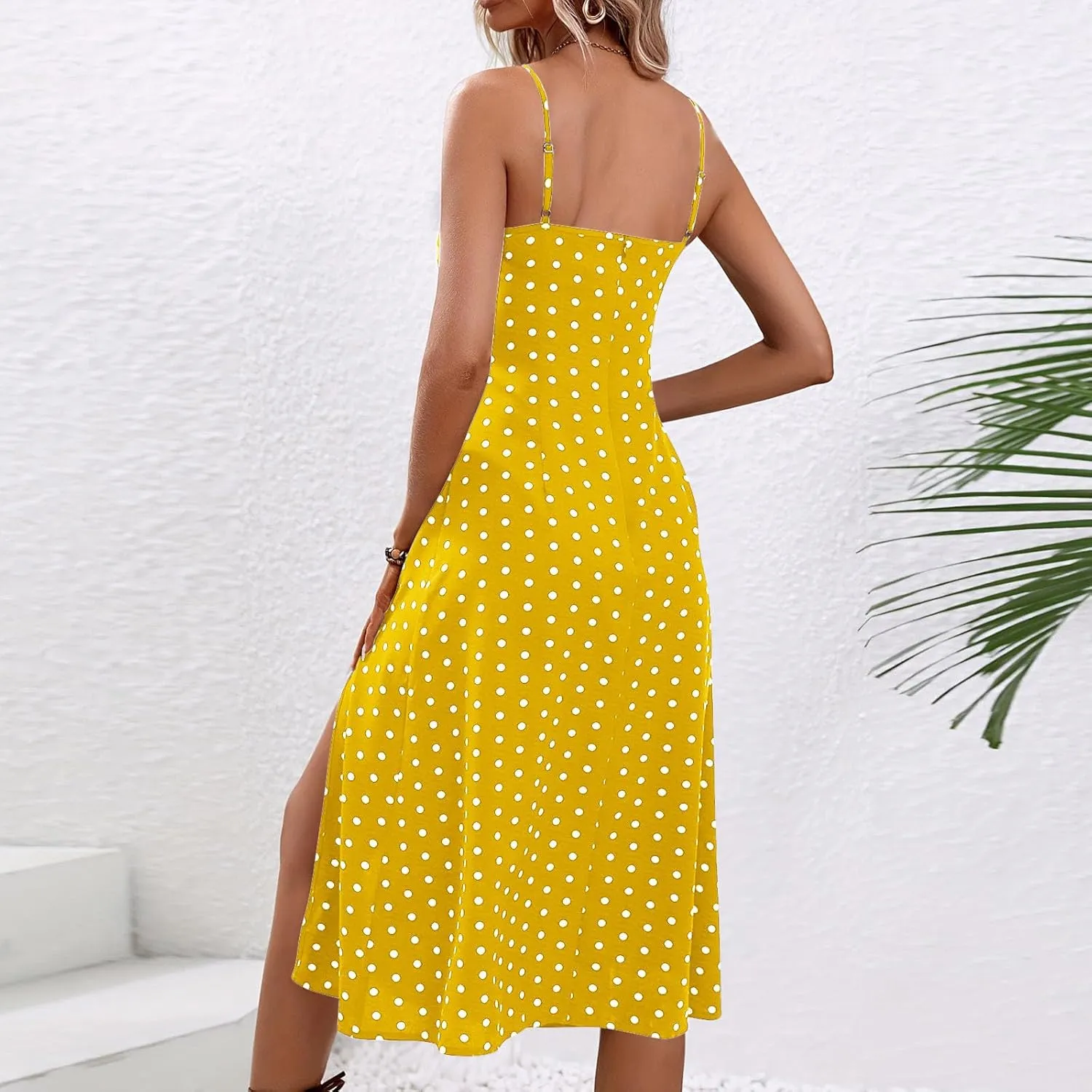 Spaghetti Strap Dresses for Women Polka Dot Midi Dress Sleeveless Slit Summer Sundress Beach Vacation Sexy Dress