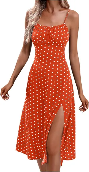 Spaghetti Strap Dresses for Women Polka Dot Midi Dress Sleeveless Slit Summer Sundress Beach Vacation Sexy Dress