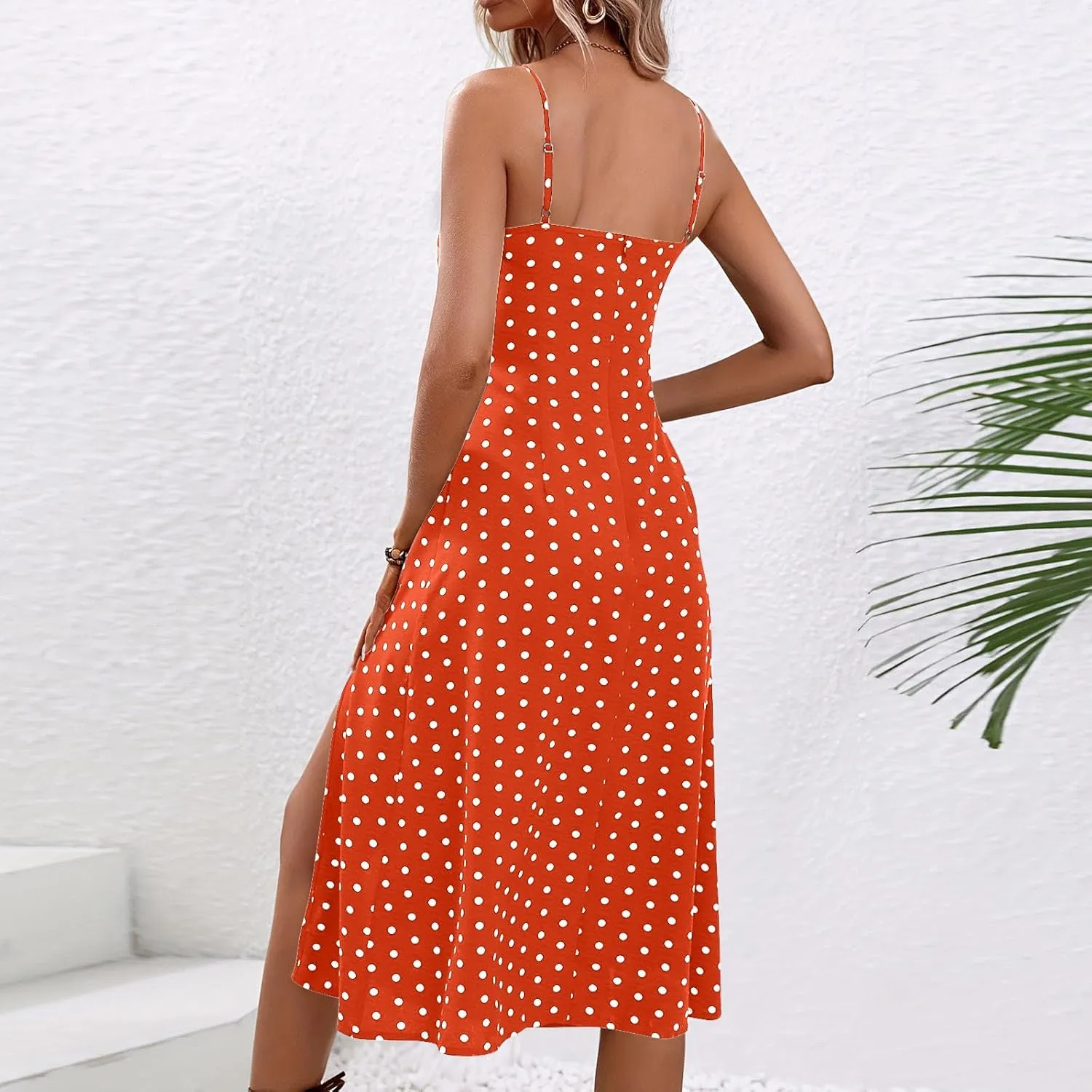 Spaghetti Strap Dresses for Women Polka Dot Midi Dress Sleeveless Slit Summer Sundress Beach Vacation Sexy Dress