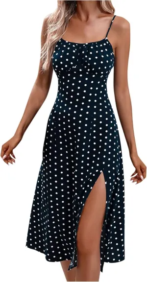 Spaghetti Strap Dresses for Women Polka Dot Midi Dress Sleeveless Slit Summer Sundress Beach Vacation Sexy Dress