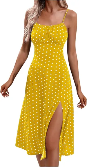 Spaghetti Strap Dresses for Women Polka Dot Midi Dress Sleeveless Slit Summer Sundress Beach Vacation Sexy Dress