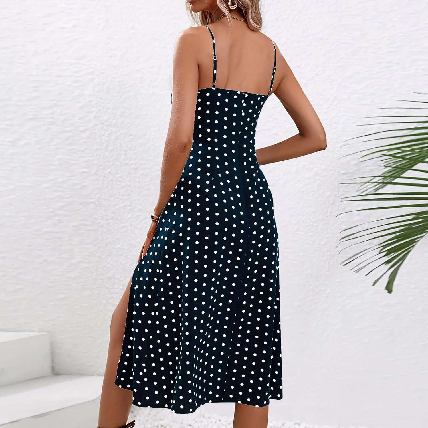 Spaghetti Strap Dresses for Women Polka Dot Midi Dress Sleeveless Slit Summer Sundress Beach Vacation Sexy Dress