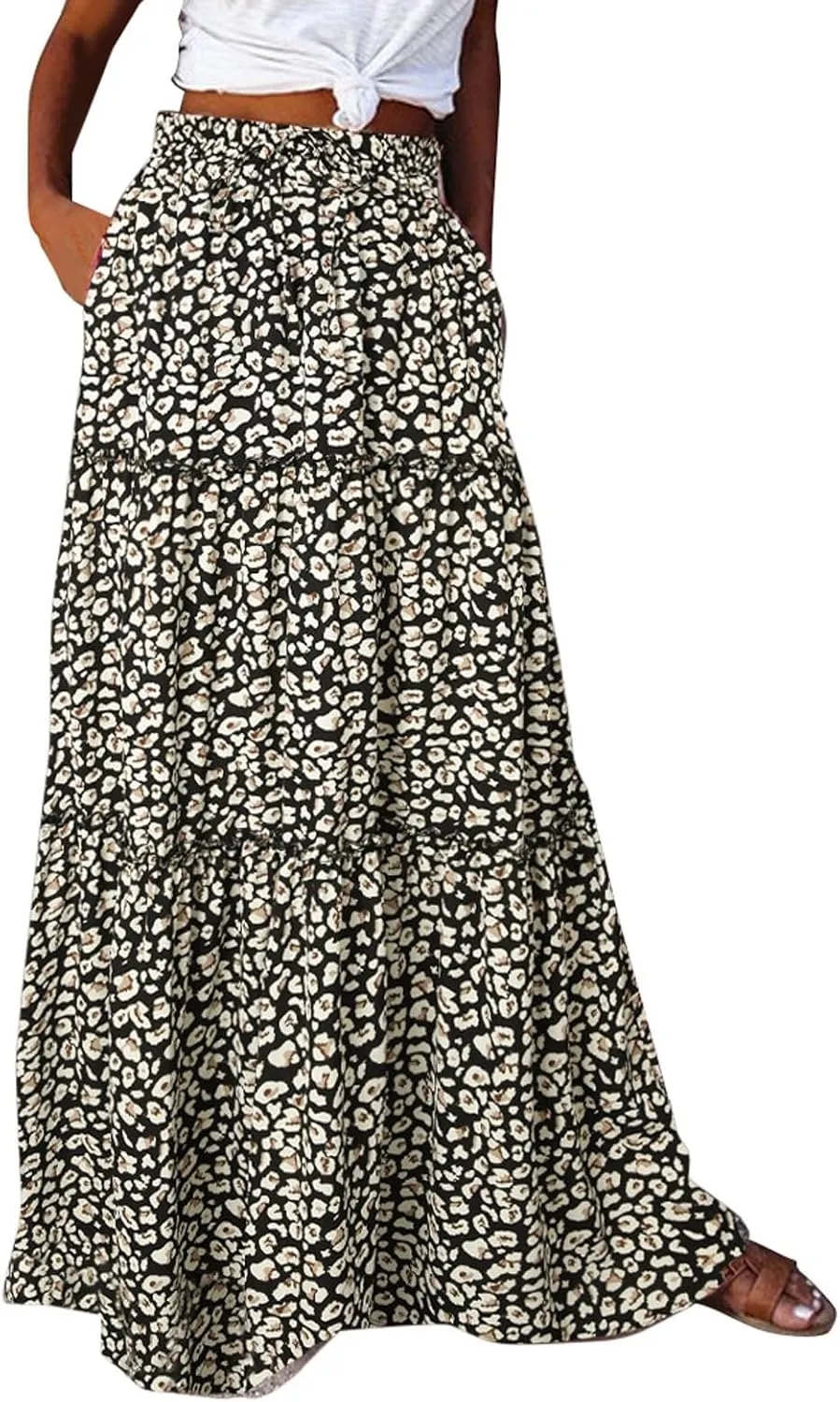 Summer Beach Casual Boho Floral Maxi Skirt Women Elastic High Waist Tiered Pleated Flowy Long Skirt