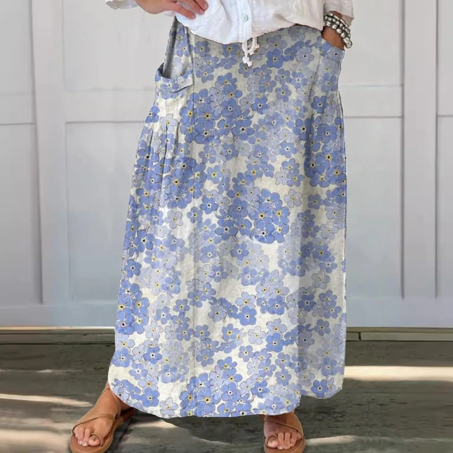Summer Beach Casual Boho Floral Maxi Skirt Women Elastic High Waist Tiered Pleated Flowy Long Skirt