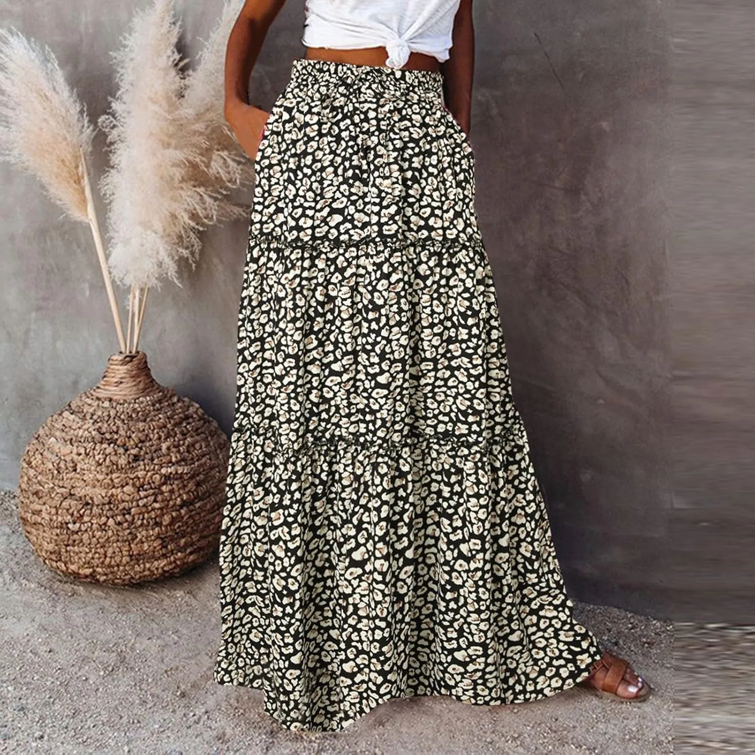 Summer Beach Casual Boho Floral Maxi Skirt Women Elastic High Waist Tiered Pleated Flowy Long Skirt