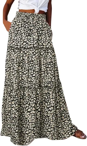 Summer Beach Casual Boho Floral Maxi Skirt Women Elastic High Waist Tiered Pleated Flowy Long Skirt