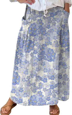 Summer Beach Casual Boho Floral Maxi Skirt Women Elastic High Waist Tiered Pleated Flowy Long Skirt