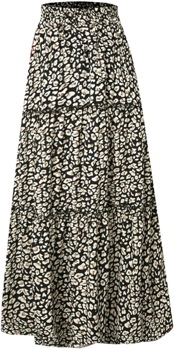 Summer Beach Casual Boho Floral Maxi Skirt Women Elastic High Waist Tiered Pleated Flowy Long Skirt