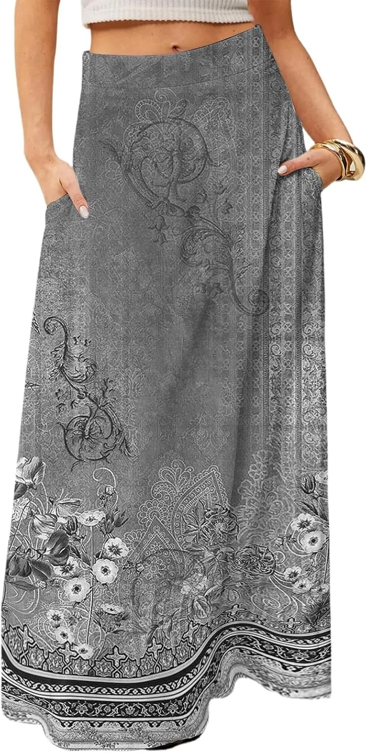 Summer Boho Floral Maxi Skirts for Women 2025 Casual Trendy A-Line Elastic High Waist Long Flowy Skirt with Pocket