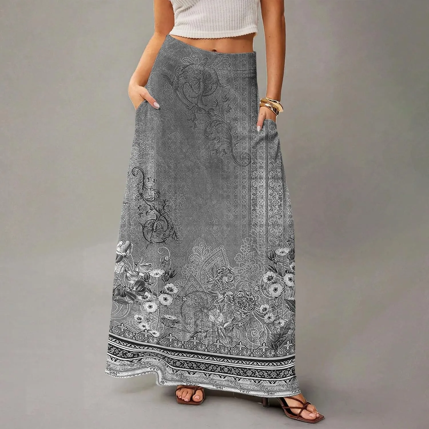 Summer Boho Floral Maxi Skirts for Women 2025 Casual Trendy A-Line Elastic High Waist Long Flowy Skirt with Pocket