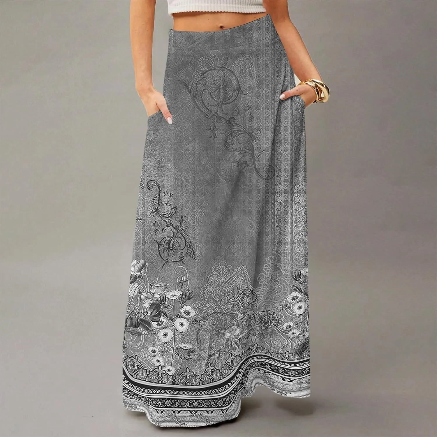Summer Boho Floral Maxi Skirts for Women 2025 Casual Trendy A-Line Elastic High Waist Long Flowy Skirt with Pocket