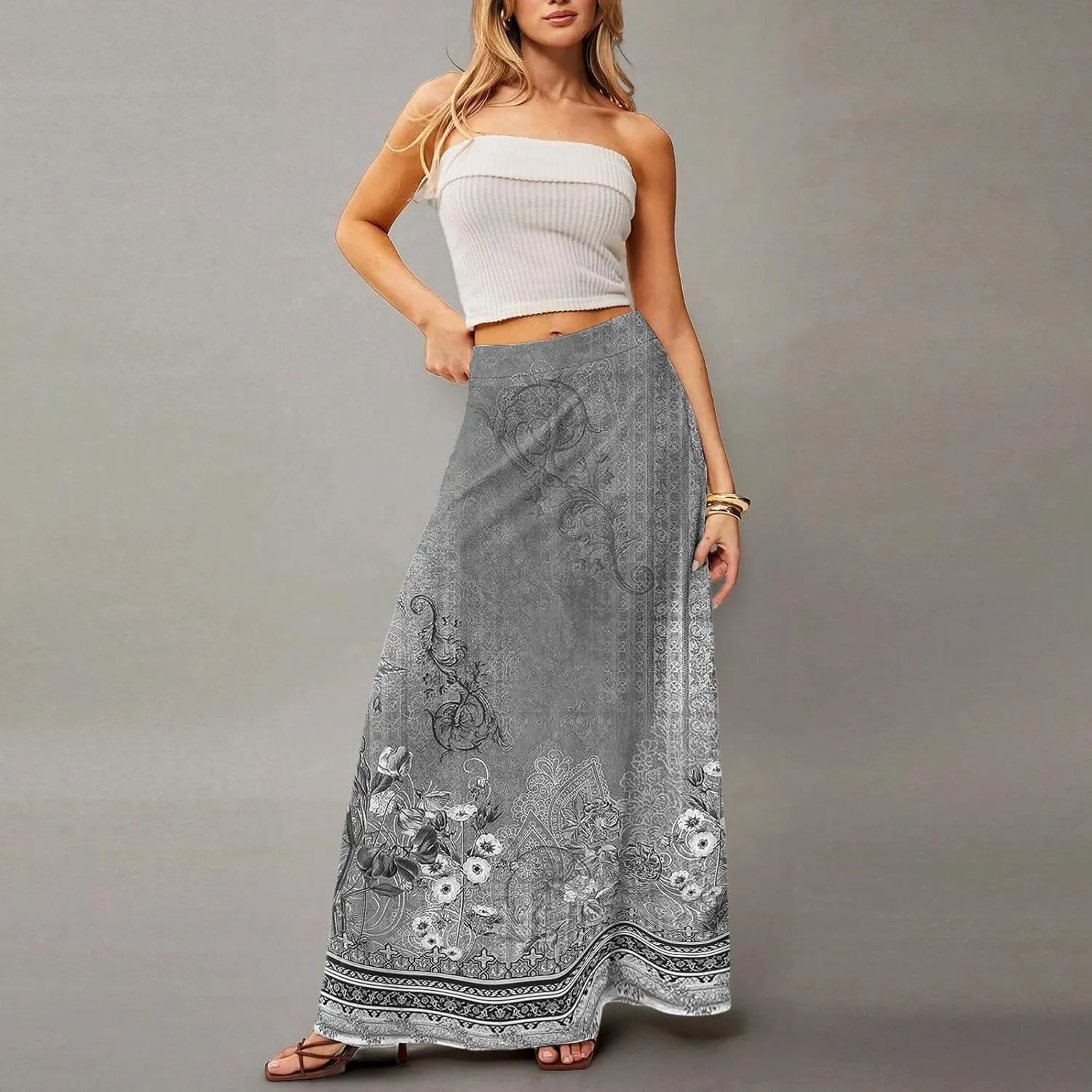Summer Boho Floral Maxi Skirts for Women 2025 Casual Trendy A-Line Elastic High Waist Long Flowy Skirt with Pocket
