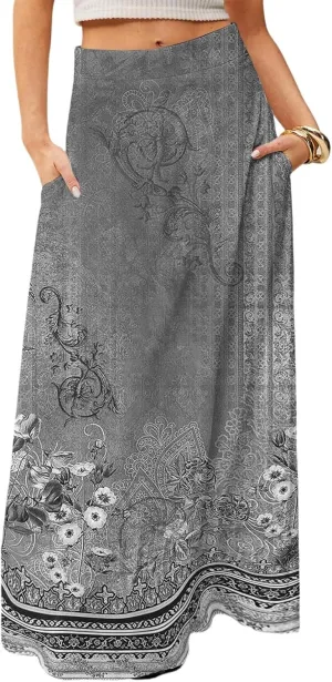 Summer Boho Floral Maxi Skirts for Women 2025 Casual Trendy A-Line Elastic High Waist Long Flowy Skirt with Pocket
