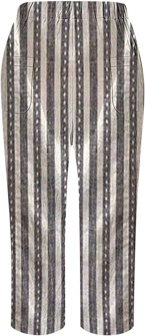 Summer Capri Pants for Women 2024 Casual Pants Womens Linen Summer Capri Pants 2024 Striped Linen Pants Women Linen
