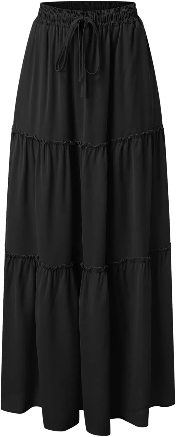 Summer Casual Boho Floral Maxi Skirt Women Elastic High Waist Tiered Pleated Flowy Long Beach Skirt