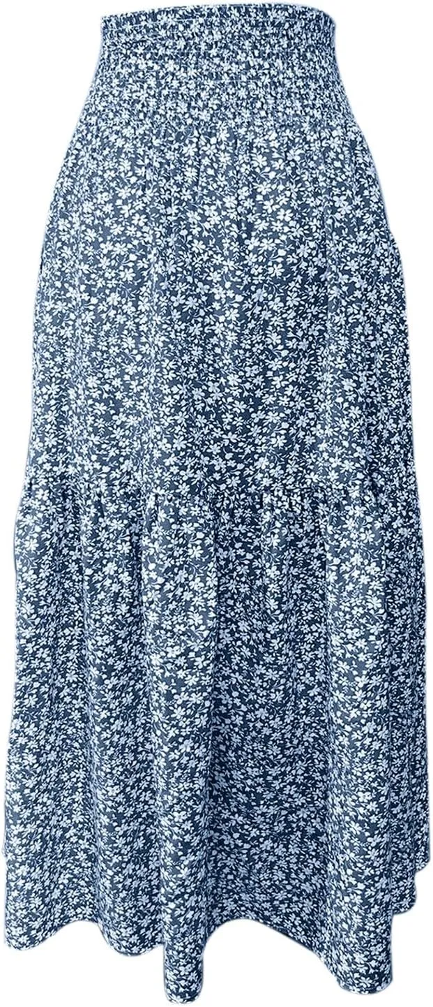 Summer Casual Boho Floral Maxi Skirt Women Elastic High Waist Tiered Pleated Flowy Long Beach Skirt