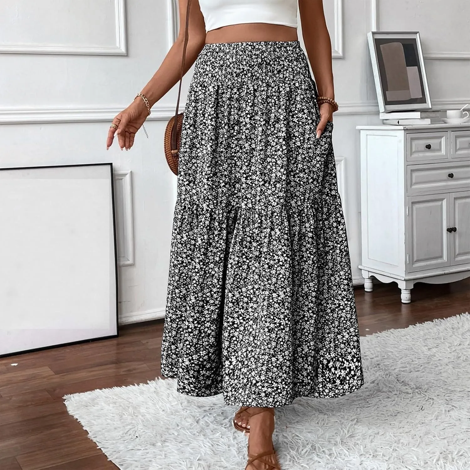 Summer Casual Boho Floral Maxi Skirt Women Elastic High Waist Tiered Pleated Flowy Long Beach Skirt