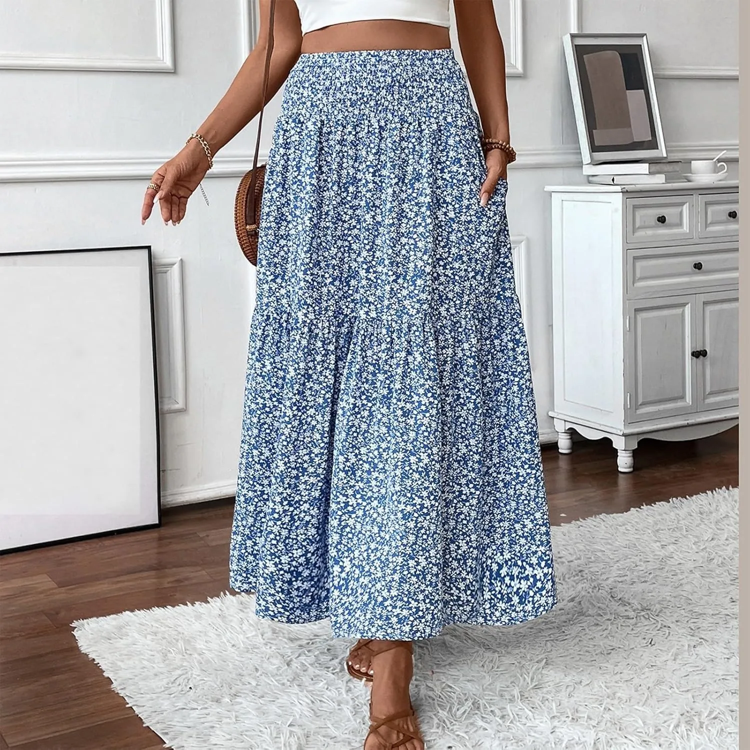 Summer Casual Boho Floral Maxi Skirt Women Elastic High Waist Tiered Pleated Flowy Long Beach Skirt
