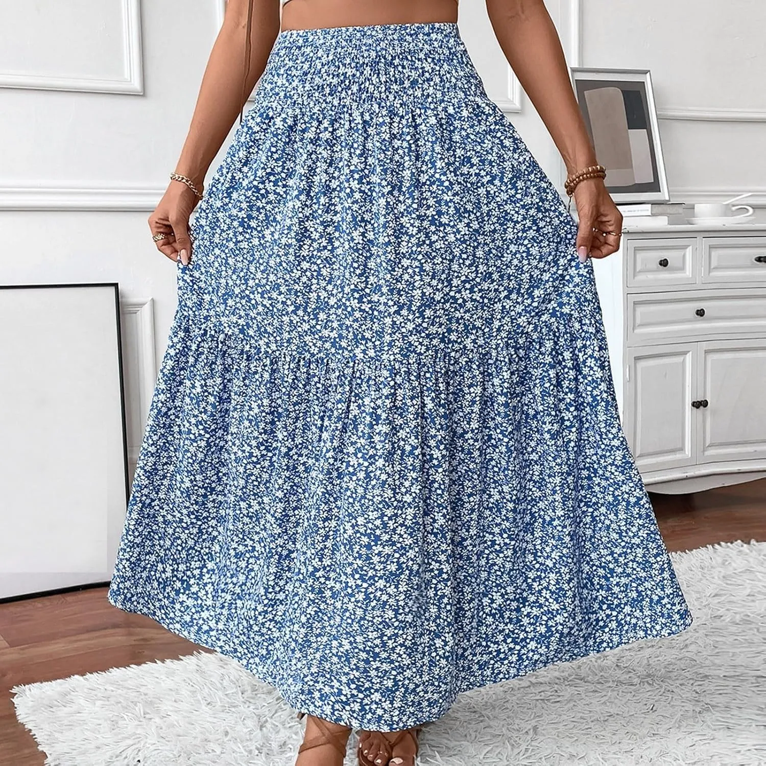 Summer Casual Boho Floral Maxi Skirt Women Elastic High Waist Tiered Pleated Flowy Long Beach Skirt