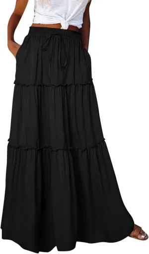 Summer Casual Boho Floral Maxi Skirt Women Elastic High Waist Tiered Pleated Flowy Long Beach Skirt