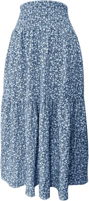 Summer Casual Boho Floral Maxi Skirt Women Elastic High Waist Tiered Pleated Flowy Long Beach Skirt
